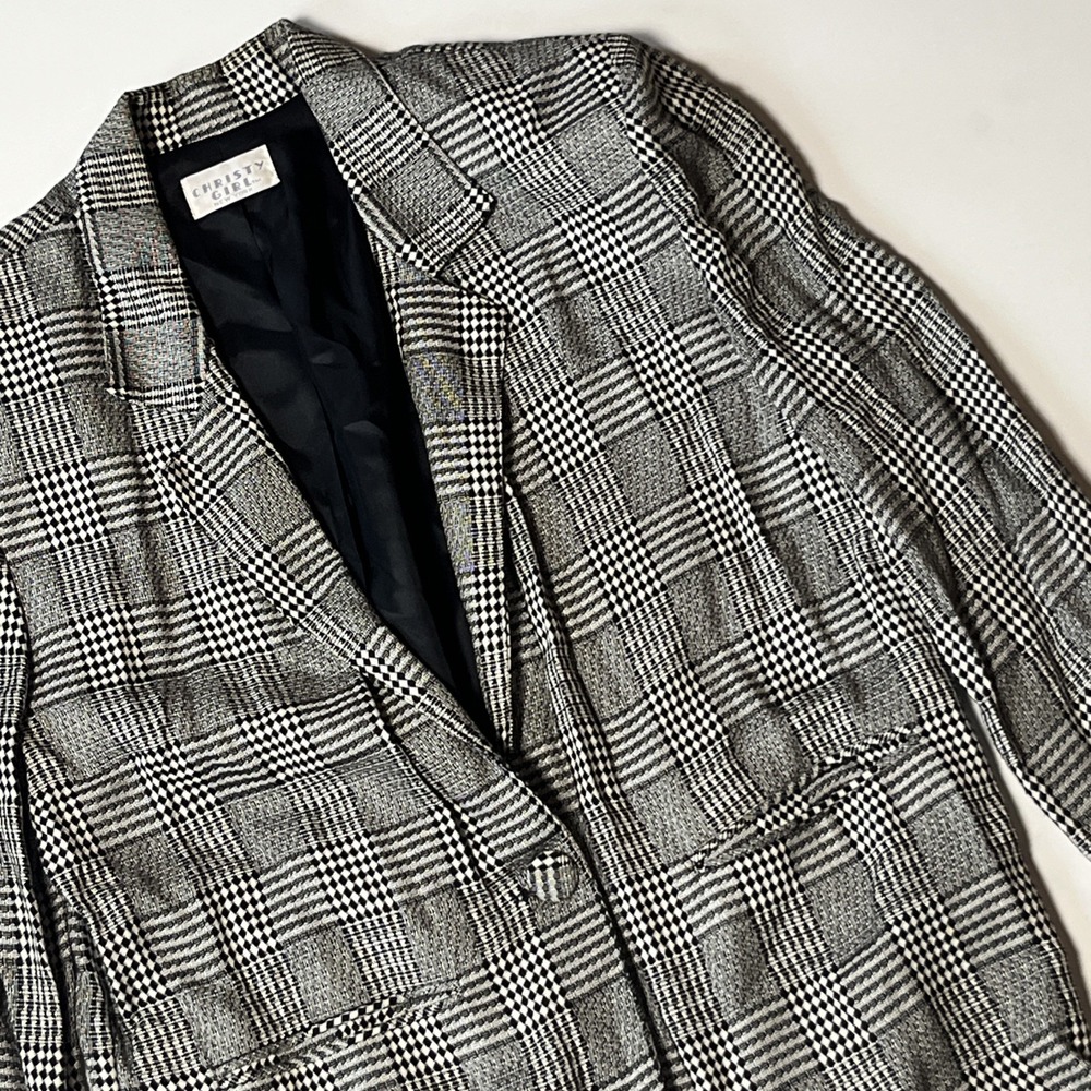 Christy Girl NY Vintage Glen Plaid Blazer Black White Single Button Size 6 USA